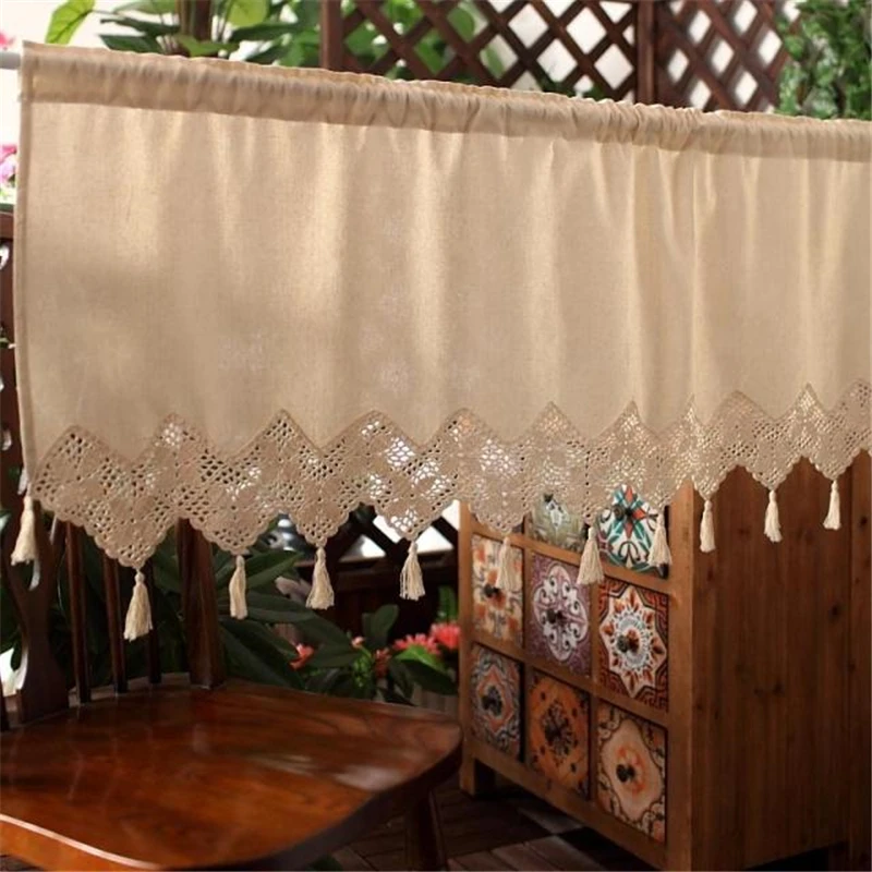 Bohemian Retro Windows Short Curtain Farmhouse Valance with Tassel for Kitchen Cabinet Restaurant Dining Room Household Decor