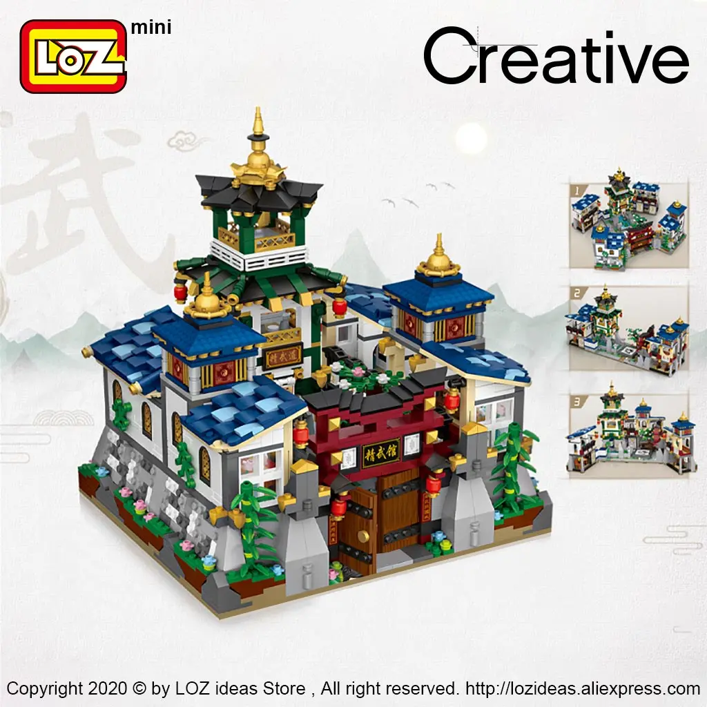 LOZ Mini Block Mini belt box house with folding Jingwu Kung Fu Jingwu Museum Chinese style architecture Model DIY Assembly Toys