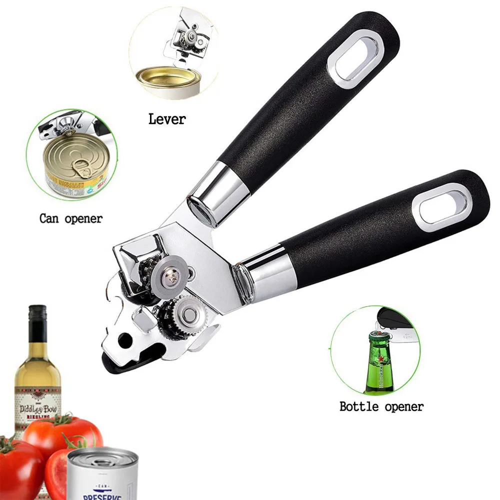 3-IN-1 Versatile Can Opener Ergonomic Manual Tin Can Opener Built-in Lids Lifter Bottle Opener Stainless Steel Can Jar Opener