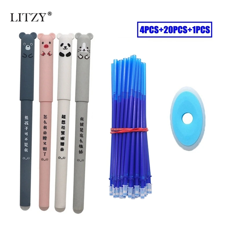 25Pcs/Lot Cute Animals Erasable Pen Refill Set Washable Handle 0.35mm Blue Ink Erasable Rods Ballpoint Pen for School Stationery