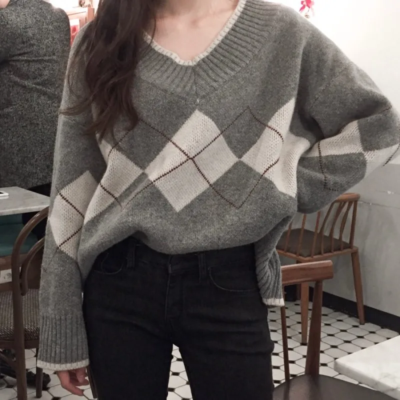 ゆったりとしたVネックセーター,女性用ヴィンテージスタイルの長袖タートルネックセーター