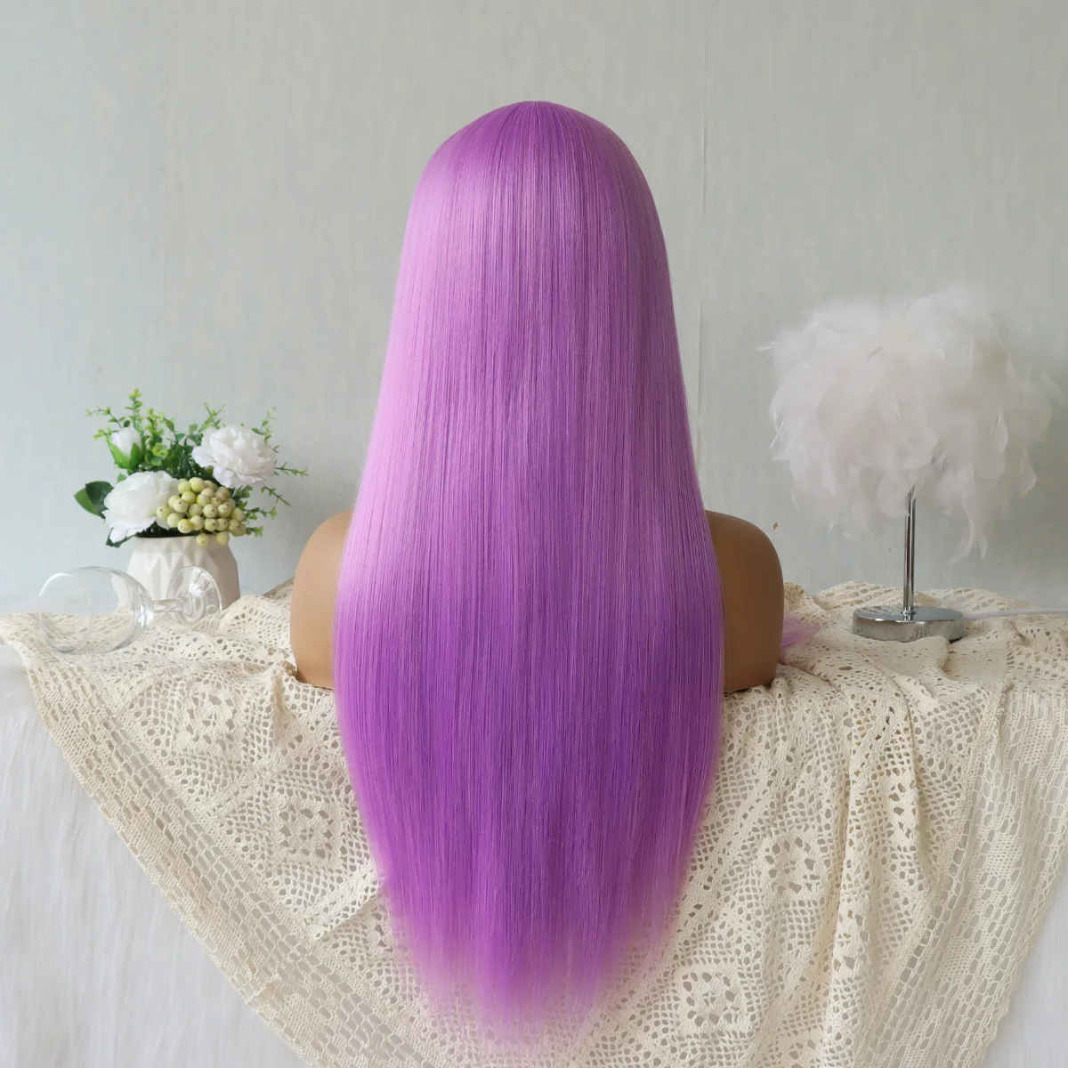 Peruca de cabelo reto longo roxo claro para mulheres, cabelo de fibra resistente ao calor sem cola, perucas sintéticas, moda