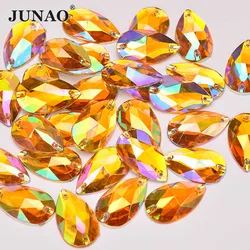 JUNAO 100pc 17*28mm Yellow AB Sewing Teardrop Rhinestone Stones Applique Acrylic Strass Diamond Flat Back Crystal Stones