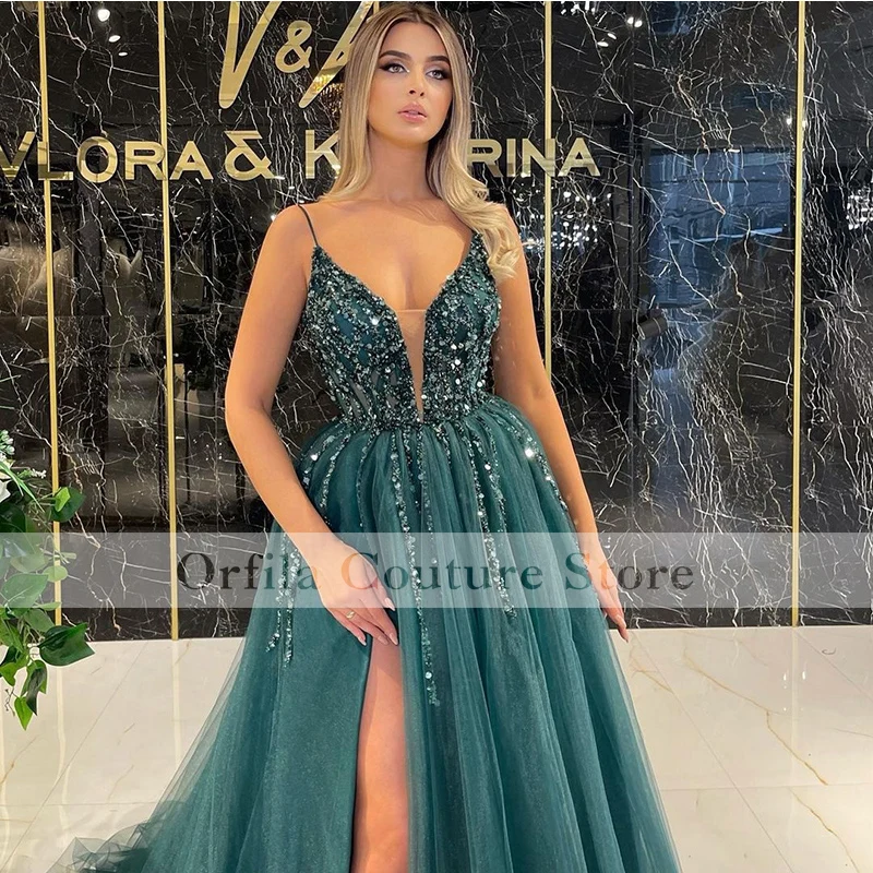 فستان حفلة موسيقية نسائي من robe de soirée أخضر 2022 حمالات سباغيتي خرز مجزأ دي كوكتيل رداء حفلات سهرة رسمي