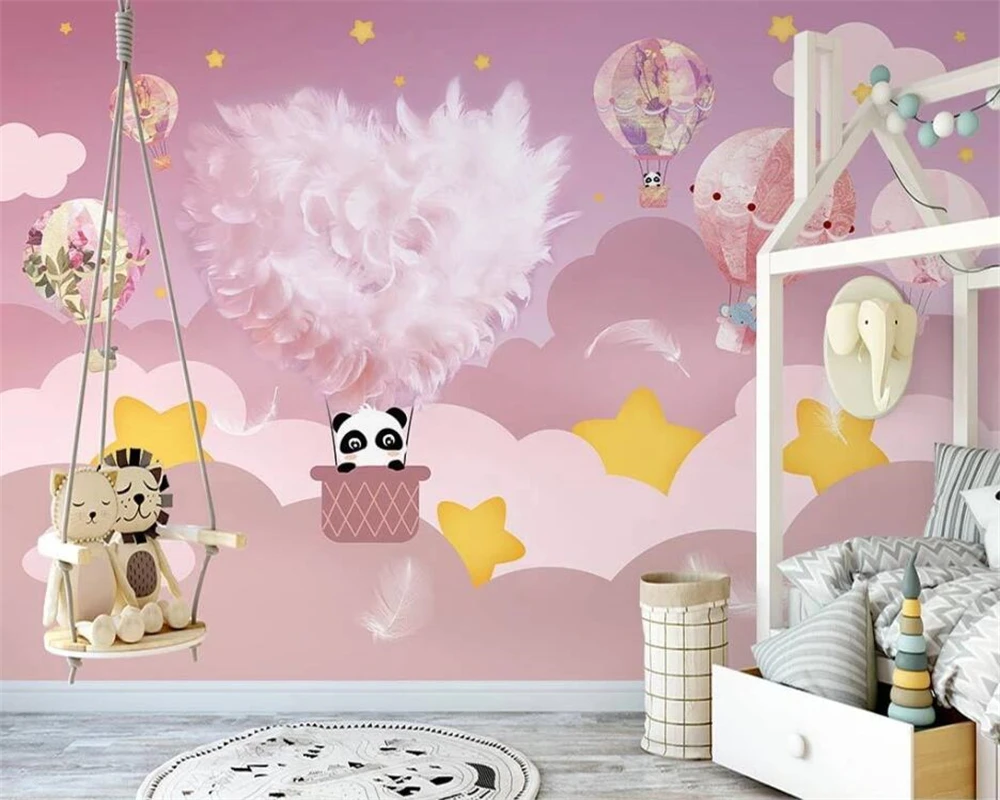 beibehang Customize new Nordic hand-painted feather hot air balloon pink children\'s room background wallpaper papier peint