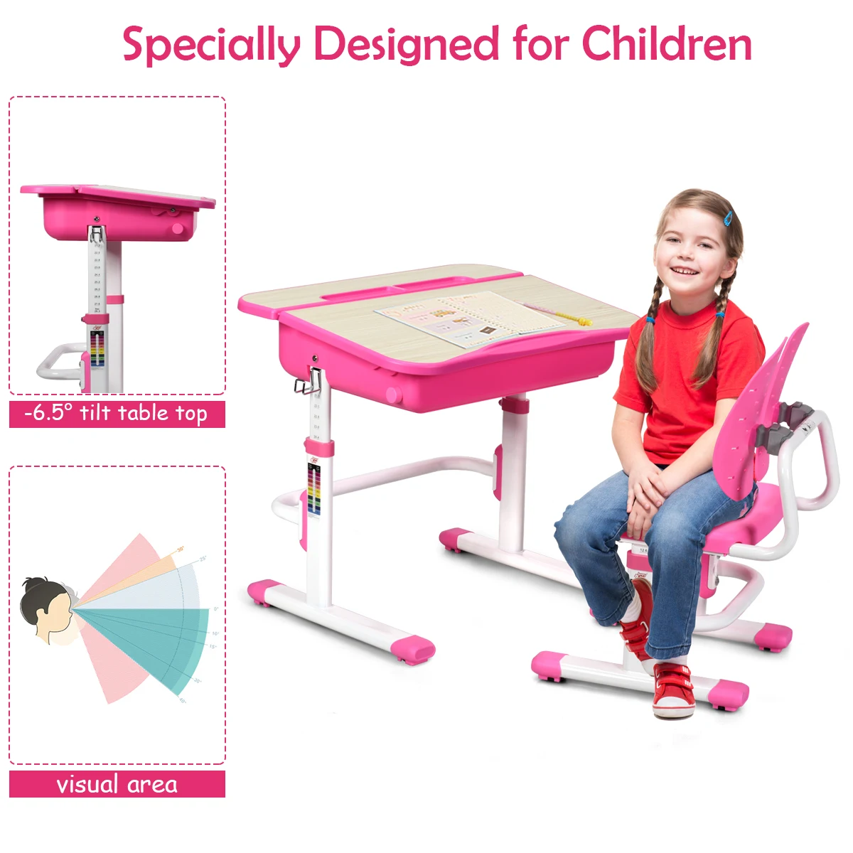 Children Desk Chair Set Adjustable Kid Student Home Table Winged Backrest Chair HW66157PI