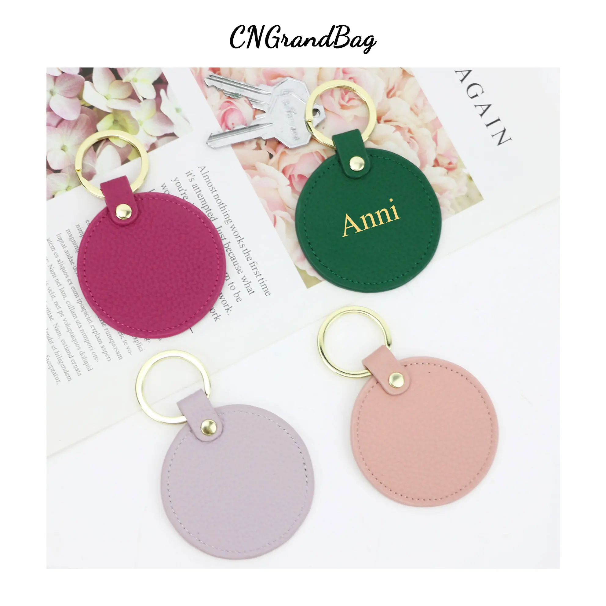 

Free Monogram Round Shape Key Holder Men Women Genuine Leather Keychain Pebble Leather Circle Key Ring Gift