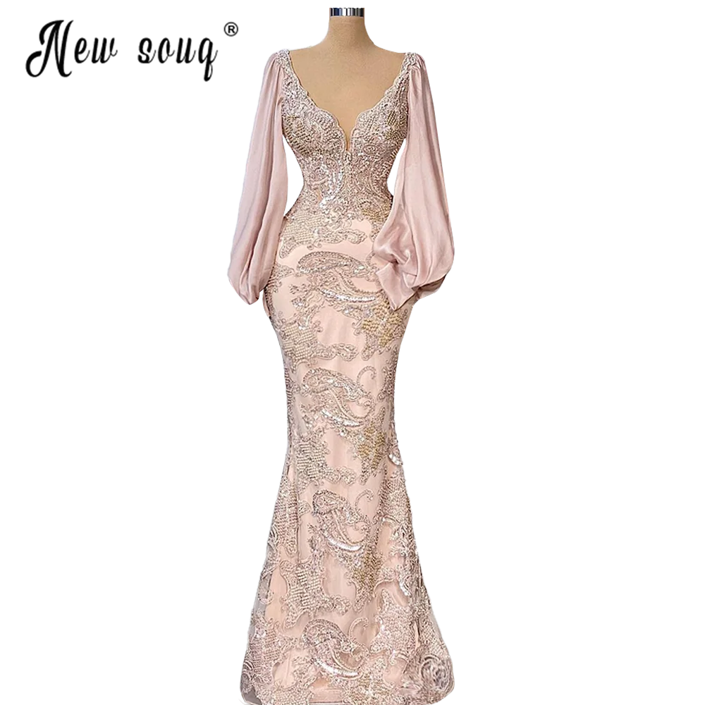 Robe de soirée sirène en dentelle perlée à col en V pour femmes, robes de Rhformelles, rose blush de Dubaï, luxe, fête de mariage, quoi que ce soit