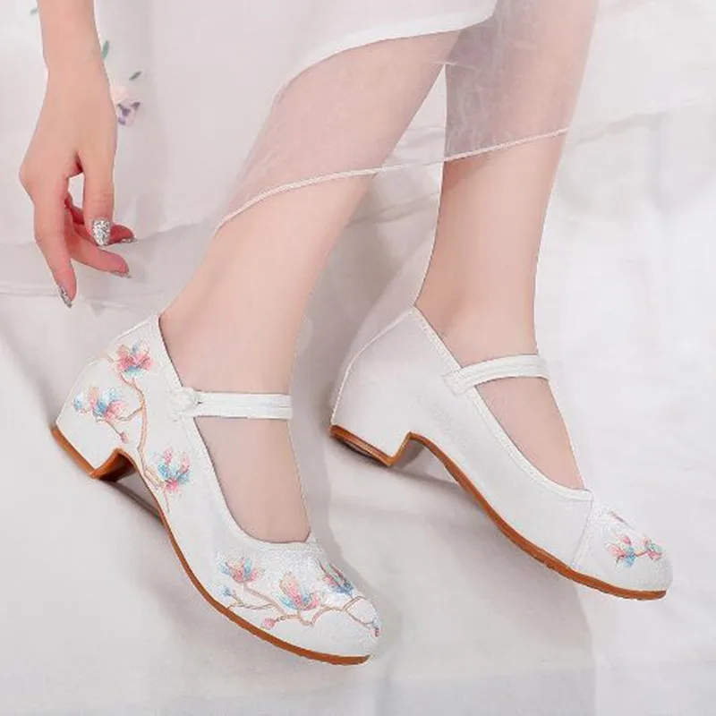 Embroidered Women Retro Mary Jane Pumps Ladies Ankle Strap Dancing Shoes Vintage Ethnic Dress Shoe Summer Autumn Mid Heels