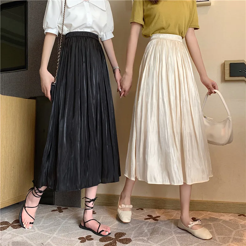 Shiny Satin Skirts Womens Summer Autumn Elastic High Waist Long Skirt Korean Elegant Ladies Girls Black Beige Skirt Pleated