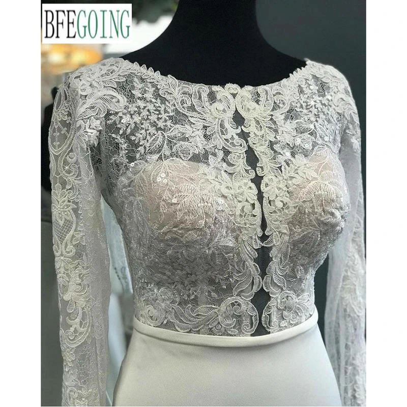 Ivoor Kant Satijn Chiffon Lange Mouwen Mermaid/Trompet Bruidsjurken Kapel Trein Custom Made Bridal Jurken