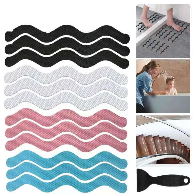 12/24pcs S Shaped Anti-slip Stickers Shower Strips Self Adhesive Saftey Strips For Bathtub Shower Stairs Floor Non Slip Tape