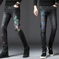 Men’s high quality embroidery jeans slimming stretch denim pants Chinese dragon black jeans red-crowned crane casual jeans pants