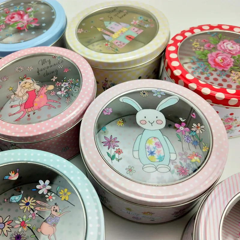 Transparent Skylight Tinplate Box Cookie Box Child Mousse Cake Tin Box Cute Bunny Round Jewelry StorageTin Box 13.5cm Tea Can