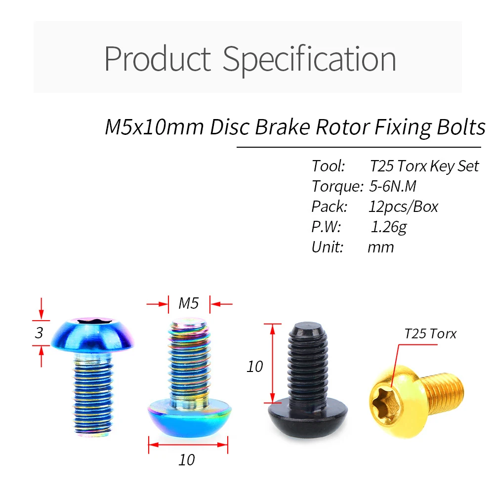 RISK 12pcs/box Mountain Road Bike Bicycle TC4 Titanium M5X10mm Disc Brake Rotor Fixing Bolts Screws T25 Torx Round Head