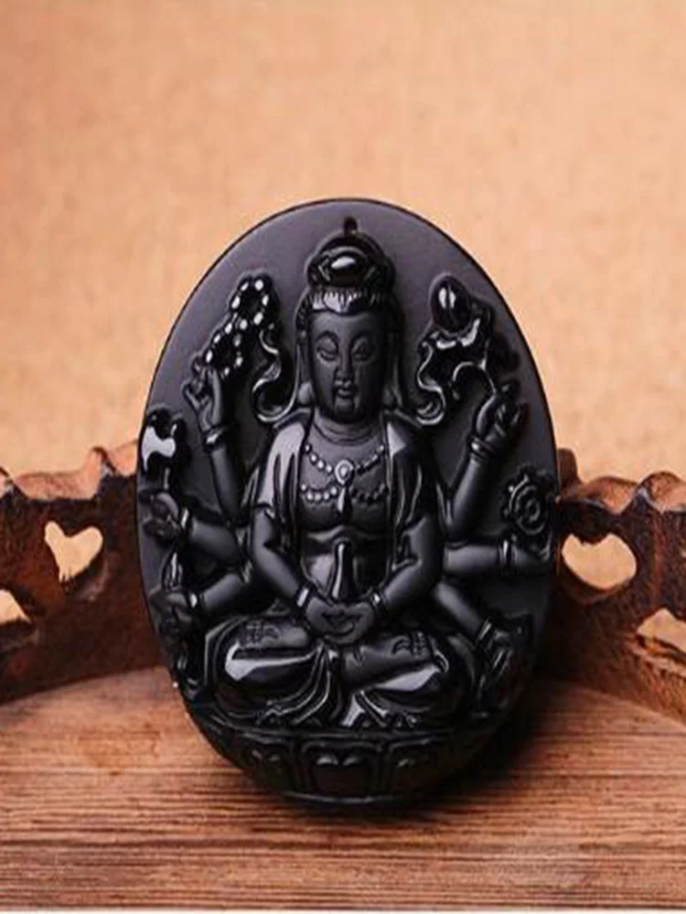 Natural Obsidian Thousand-hand Bodhisattva Jade Pendant Jewelry Lucky Exorcise evil spirits Amulet Pendant Necklace Fine Jewelry