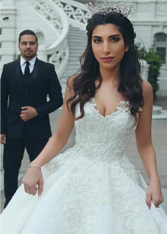 Vestido de novia musulmán de encaje con tirantes finos, traje de novia con cuello en V, con cordones en la espalda, talla grande, 2021