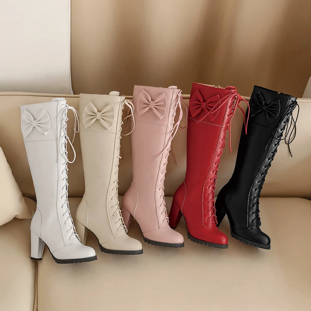 Black Knee High Boots Women High Heels Platform Boots Autumn Winter Long Boots Ladies Motorcycle Boots Red Botas Invierno Mujer