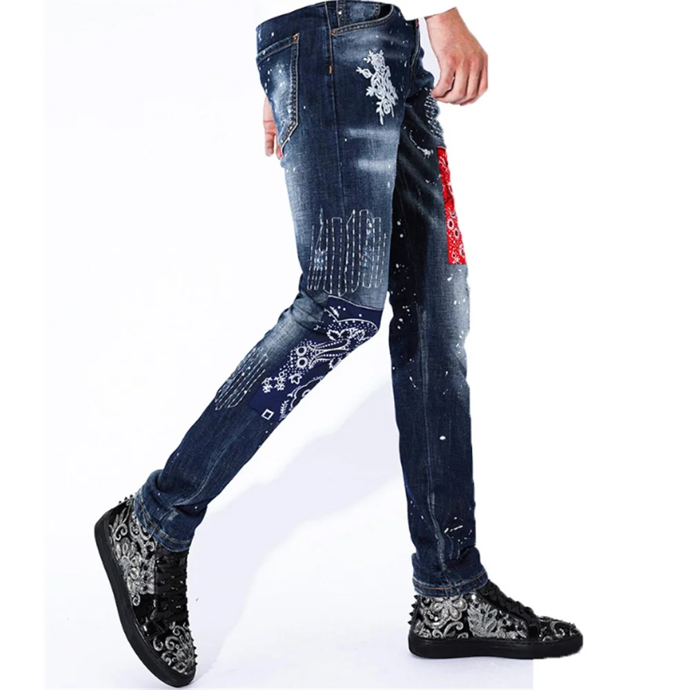 EH·MD® Embroidered Patch Jeans Men's Painted Ripped Hole Ethnic Style Decoration Micro Chapter Scratched Cotton Slim Pants Plaid