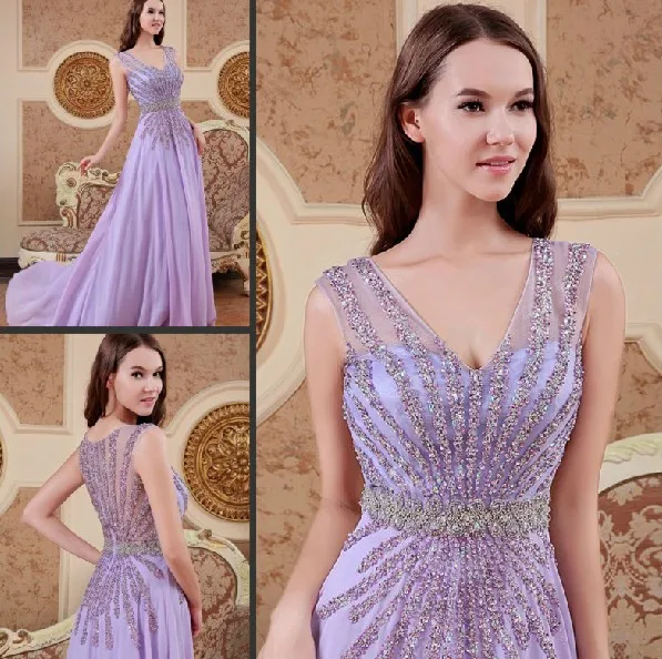 

Custom Real Sample A line V-neck Crystal Beading Sexy Woman Evening gown Lebanon 2018 Free Shipping mother of the bride dresses