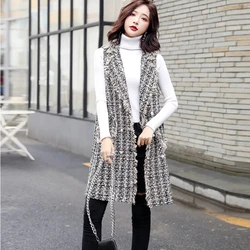 Fashion Women's Jacket Fat MM 2023 Spring Autumn New Sleeveless Jacket Long Woolen Plaid Vest Cardigan
