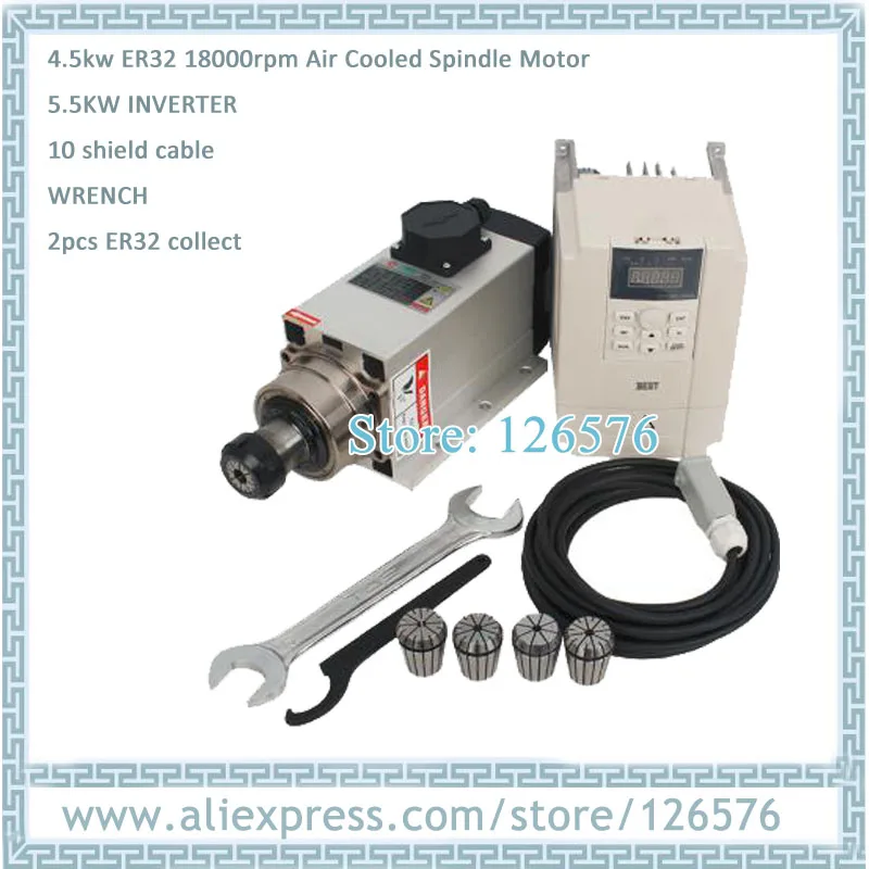 

4.5kw air cooled spindle motor 18000rpm ER32 4 bearing + 5.5kw Frequency VFD Inverter + 10 Meter shield Cable