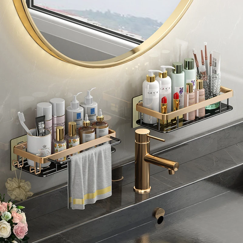 Luxury Bathroom Shelves Without Drilling RustProof Aluminum Shower Wall Shelf Shampoo Towel Holder Bathroom Organizer Accessorie