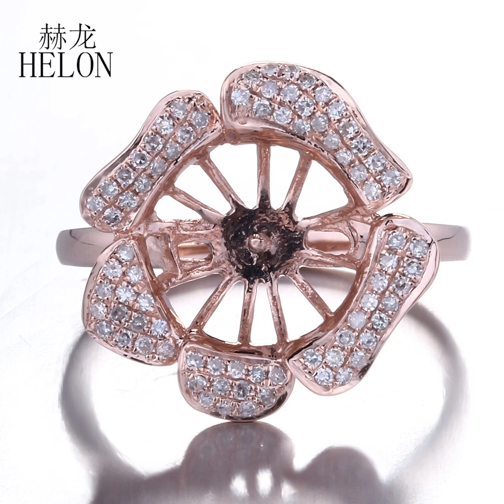 HELON Solid 10K Rose Gold Natural Diamonds Wedding Anniversary Fine Jewelry Semi Mount Ring Setting Fit 9.5-11.2mm Round Pearl