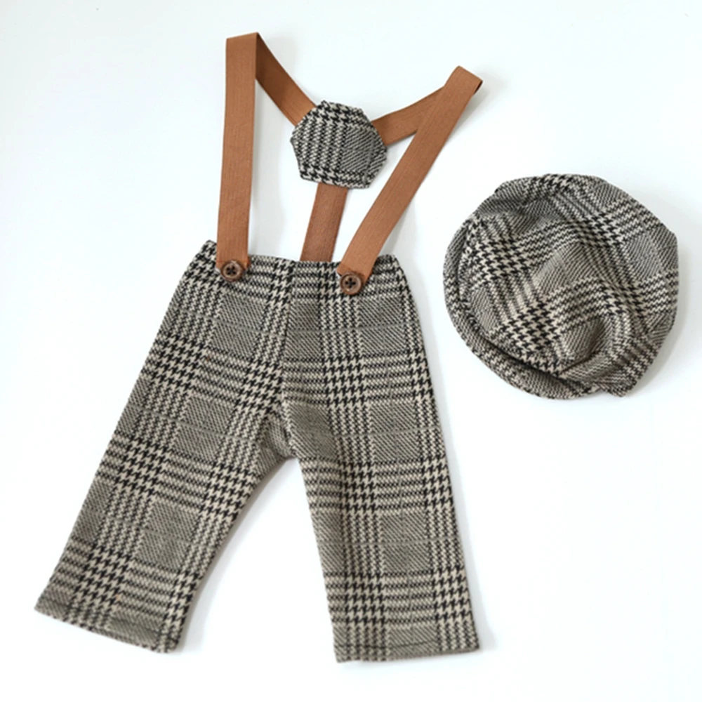 Conjunto de roupas xadrez baby boys, pequeno cavalheiro, calças compridas e chapéu, adereços fotografia recém-nascidos, traje de estúdio, roupa dupla