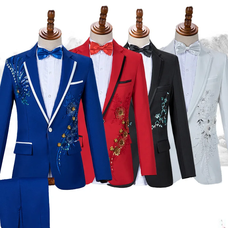 Royal Blue Sequin Embroidery Suit Men Wedding Groom Tuxedo Suits Pants Mens One Button Peak Lapel Stage Costume Traje Hombre 2XL