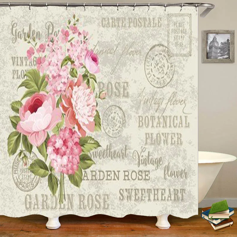 Elegant Lavender Rose Flower Shower Curtain Vintage Postcard Garland Bath Bathroom Curtain Blooming Spring Flowers Home Decor 72