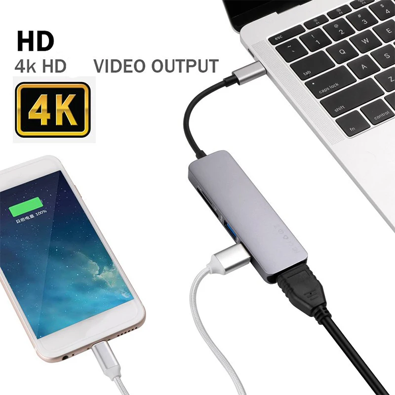 Kompatybilny z USBC na HDMI USB 3.0 USB2.0 gniazdo kart SD TF 4K 30Hz 1080P wyświetlacz HDTV wyjście wideo typ C Hub Adapter dla MacBook