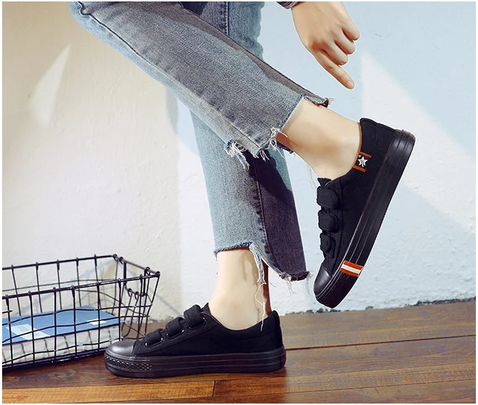 Shenxuanny New Spring Autumn Breathable Hook & Loop Canvas Womens Flat All black Casual Casual Shoes EUR 35-39