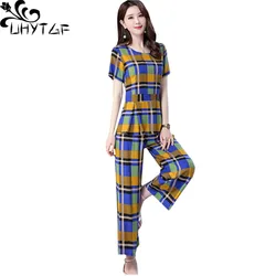 UHYTGF Cotton Silk 2 Pieces Sets Women's Summer Suit Fashion 5XL Loose Size Thin Two-Piece Sets Short Tops+Pants Tracksuit 1427