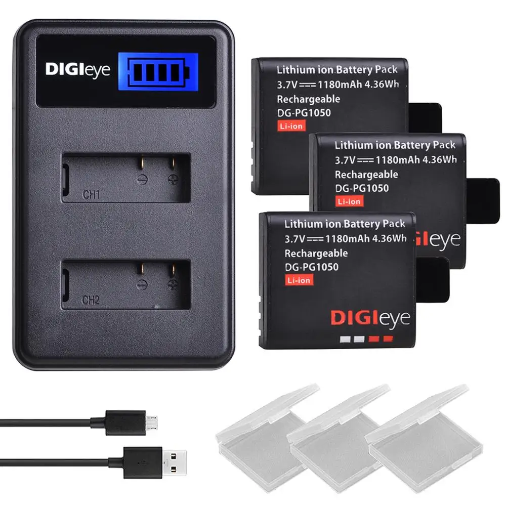 1180mAh PG1050 Rechargeable Battery + LCD Dual Charger for 4k Action Camera AKASO EK7000 EKEN H9R SJCAM SJ4000 DBPOWER