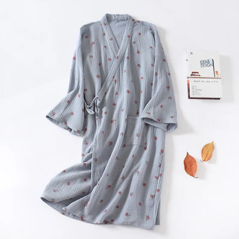 Japanese Kimono Robes for Women 100% Cotton Gauze Bathrobe Summer Thin Sleepwear Long Sleeve Nightgown Plus Size Dressing Gown