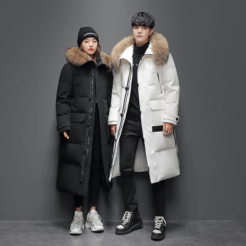 Down jacket Men\'s long thickened extreme winter coat oversized fur collar 2021 new winter couple white duck down windproof coat