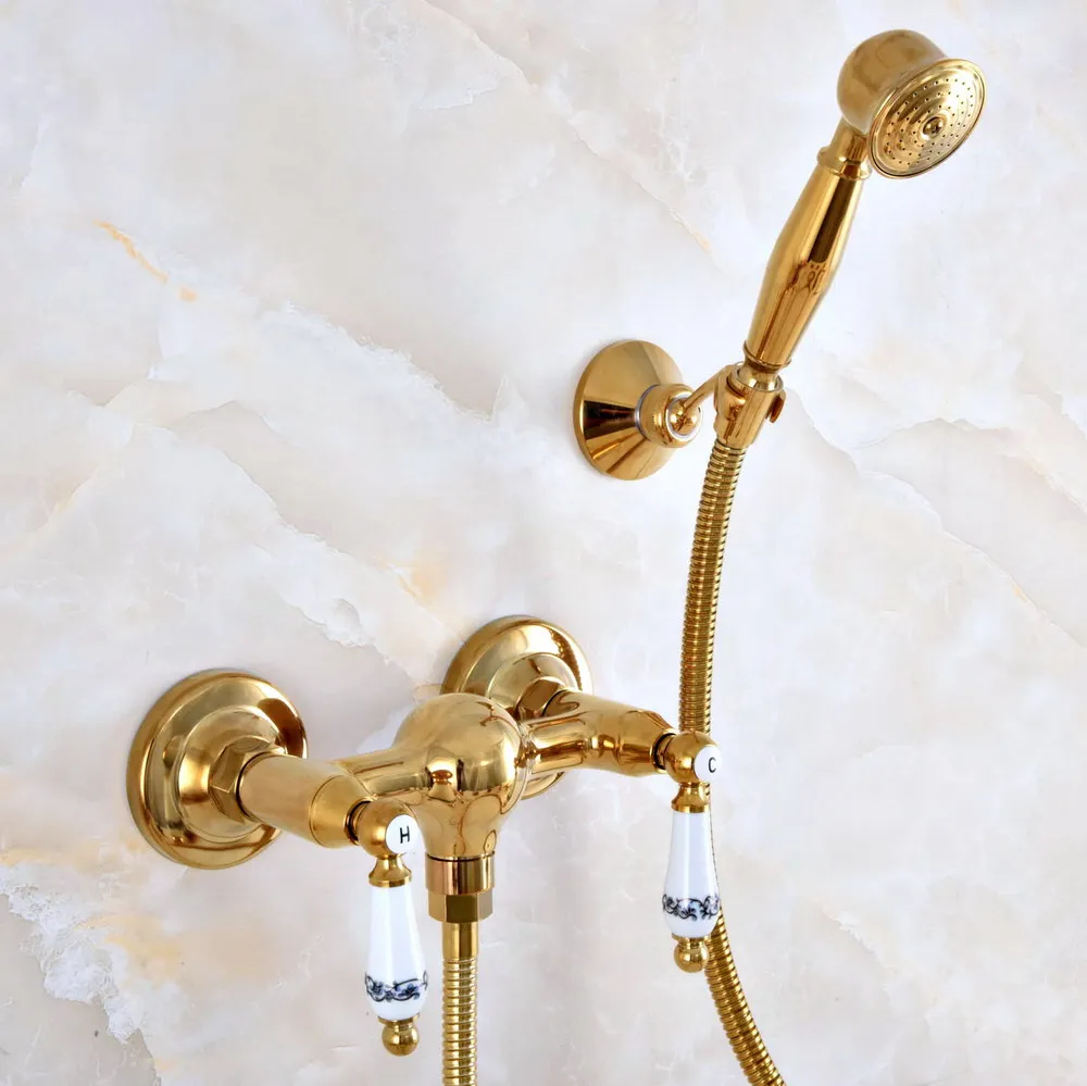 

Luxury Gold Brass Wall Mounted Bathroom Faucet With Hand Held Shower Head Bathroom Shower Faucet Set Mixer Tap zna983