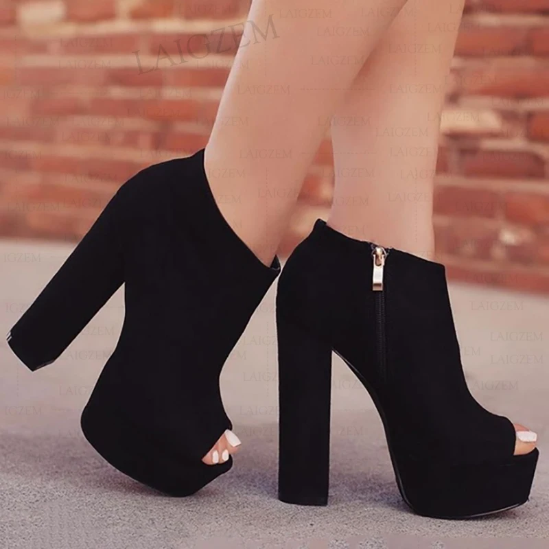 SEIIHEM Women Ankle Platform Boots Peep Toe Block Chunky High Heels Side Zip Booties Black Ladies Shoes Woman Size 41 45 50 52