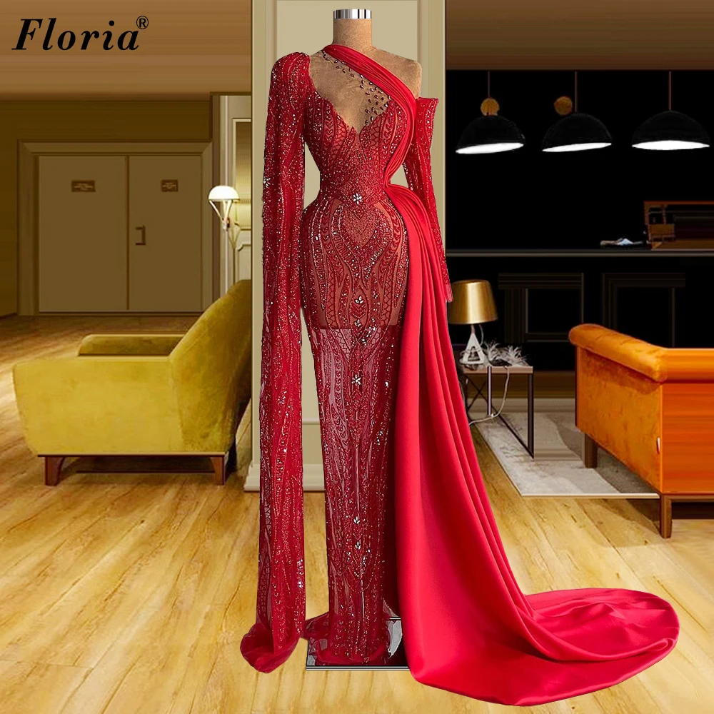 Luxury Red Beads Evening Dresses Long Sleeves Middle East Celebrity Dresses Women Photography Gowns Robe Femme Soiree Party