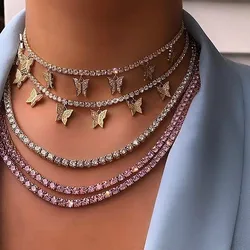 2025 Gold Color Iced Out Bling Hip Hop Women Charm Jewelry Geometry Heart Arrow CZ Tennis Chain With Butterfly Choker Necklaces