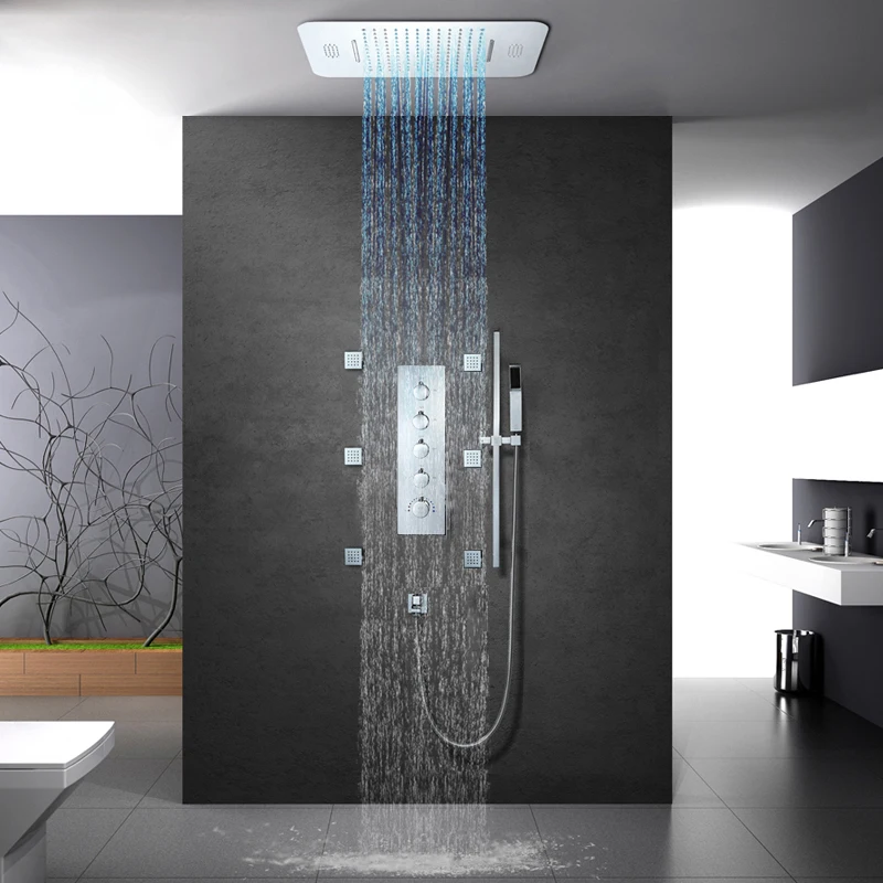 LED Shower System Higt Pressure Rain Shower Panel Waterfall Music Showerhead Bathroom FaucetsThermostatic Valve Mixer