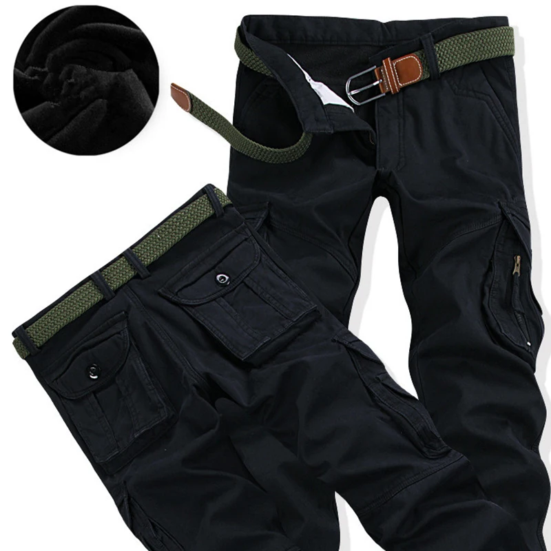 Men\'s Winter Thick Warm Cargo Pants Casual Fleece Pockets Fur Trouser Fashion Loose Baggy Jogger Worker Male Pants Plus Size 40