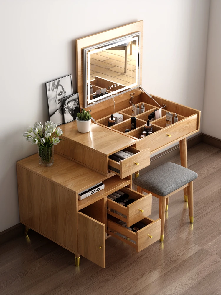 TT Flip All Solid Wood Oak Dressing Table Storage Cabinet Integrated Makeup Table Modern & Minimalism Small Apartment