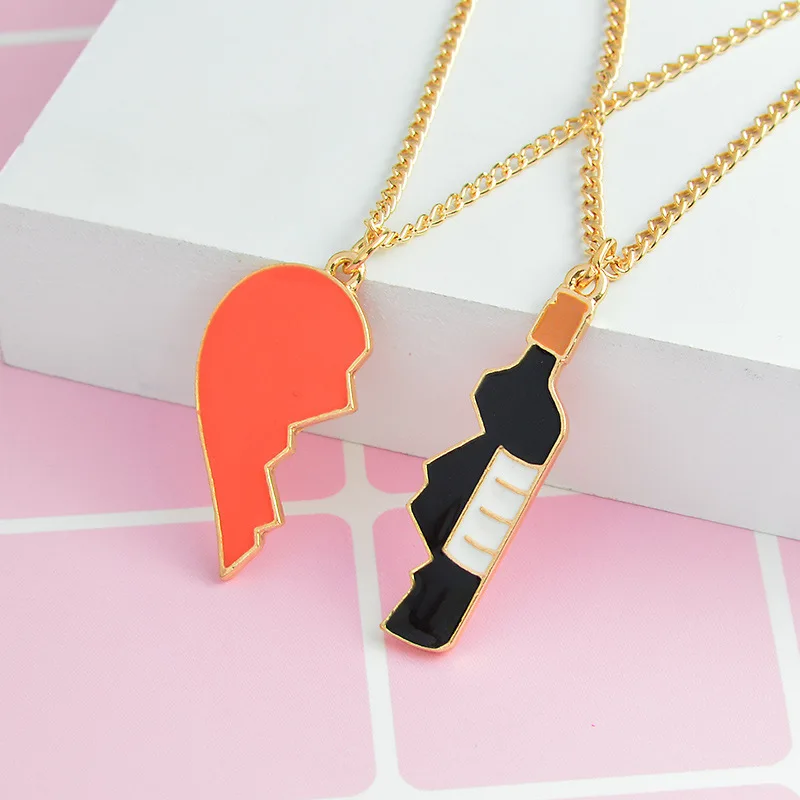 New 2pcs/Set Splice Best Friends Forever Couple Necklace Best Buds Lighter and Cigarettes Broken Heart Shape Pendant Necklace