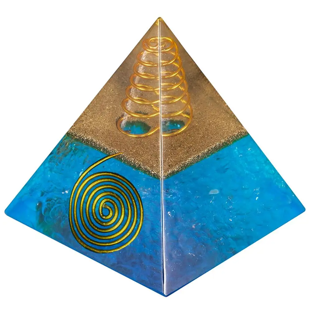 TUMBEELLUWA Healing Crystal Gold Wire Orgone Pyramid Stone Figurine Generator for Meditation Reiki Balancing,Blue Color