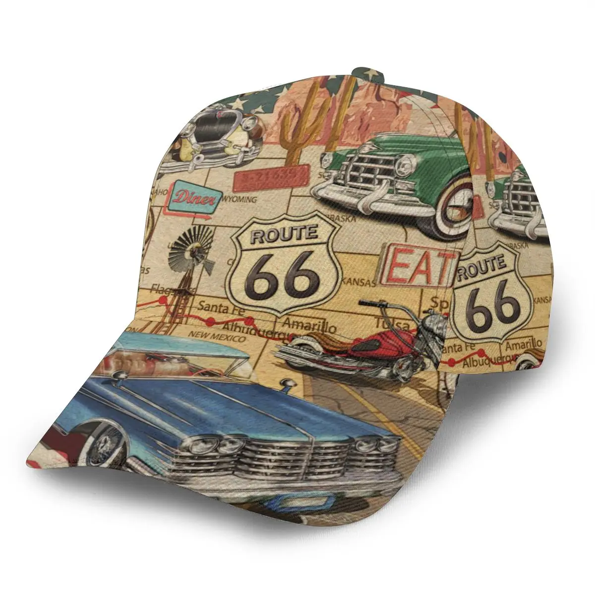 New Baseball Cap Fishing Caps Men Outdoor Hunting Hat Hiking Hat Vintage Route 66 Poster