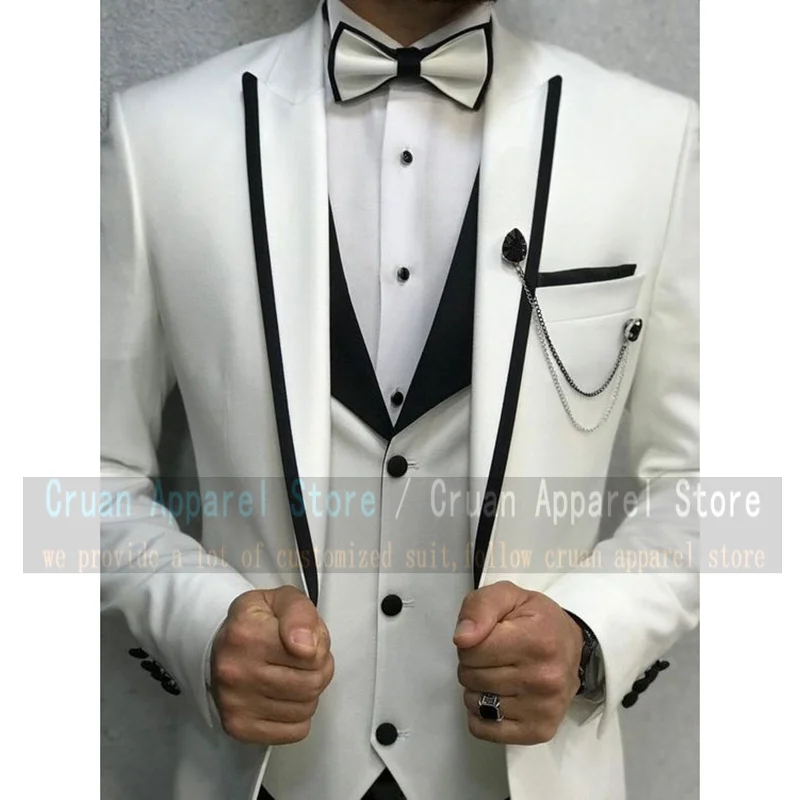 

2021 Brand New Ivory White Wedding Groom Suits Set Slim Fit Custom Formal Dinner Prom Male Tuxedo Blazer Lapel Vest Pants 3Pcs