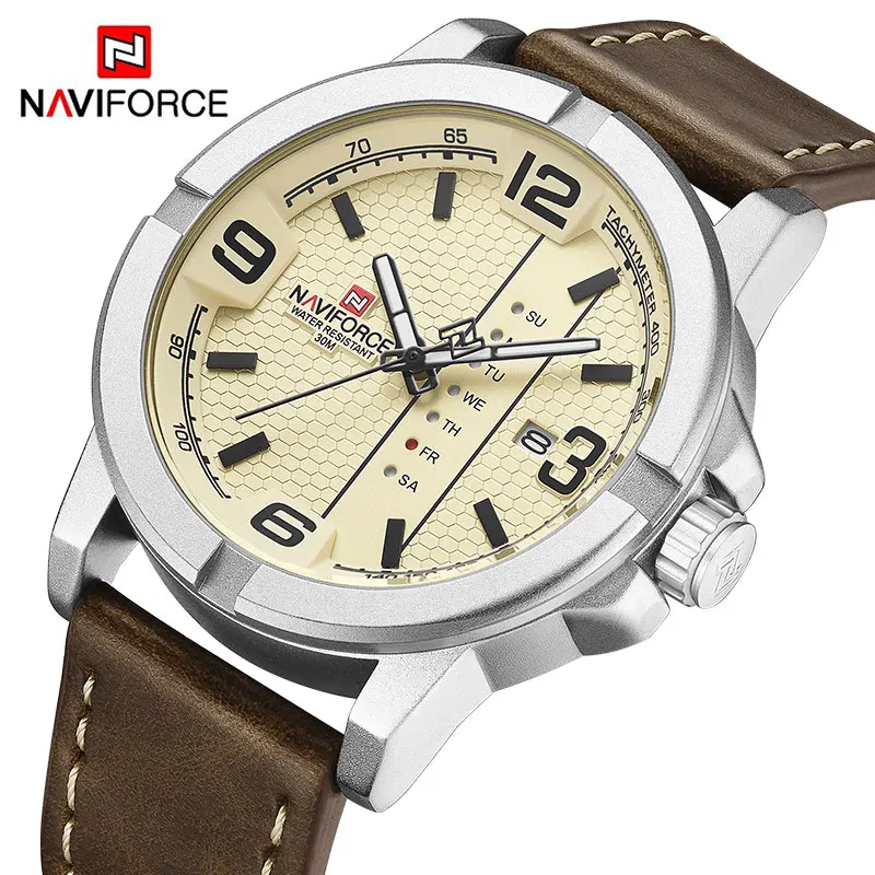 NAVIFORCE-Montre-bracelet en cuir étanche pour homme, montres à quartz décontractées, calendrier, grand cadran, mode masculine