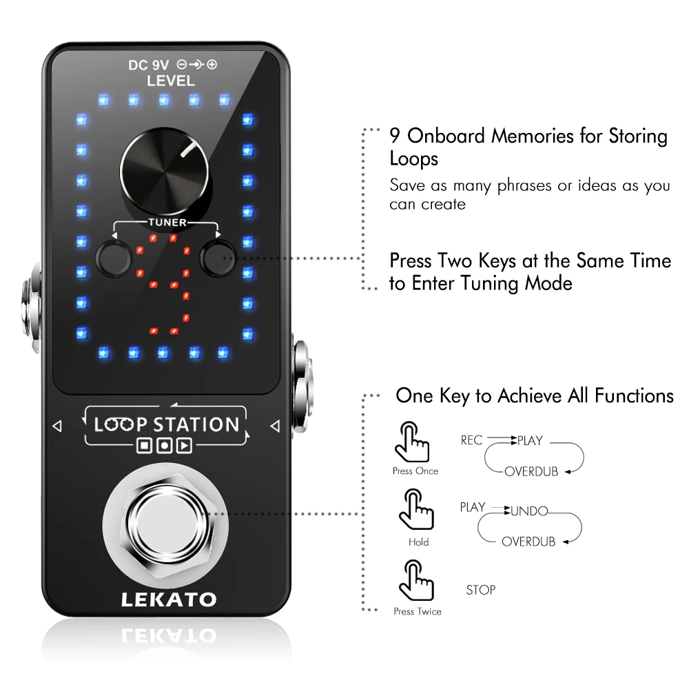 Imagem -04 - Lekato Looper Guitarra Pedal Efeitos de Loop Reverb Guitarra Peças Acessórios True Bypass Slot Onda Loop Registro 40 Minutos